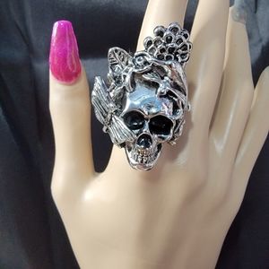 Mother Nature Skull Ring, Goth Punk Metal, Silvertone, Size 9.5